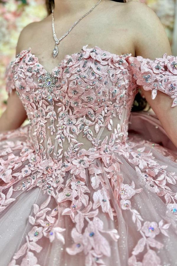 Ball Gown Off Shoulder Sleeveless Fully Appiques Crystal Pleated Lace Up Big Bow Knot Light Pink Tulle Quinceanera Dress Birthday Party Dress Formal Evening Gown For Sweet 16