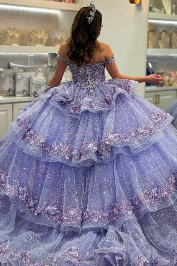 Ball Gown Off Shoulder Sleeveless Fully Beaded Appliques Pleated 3D Flower Tiered Sparkly Lilac Tulle Quinceanera Dress Birthday Party Dress For Sweet 16
