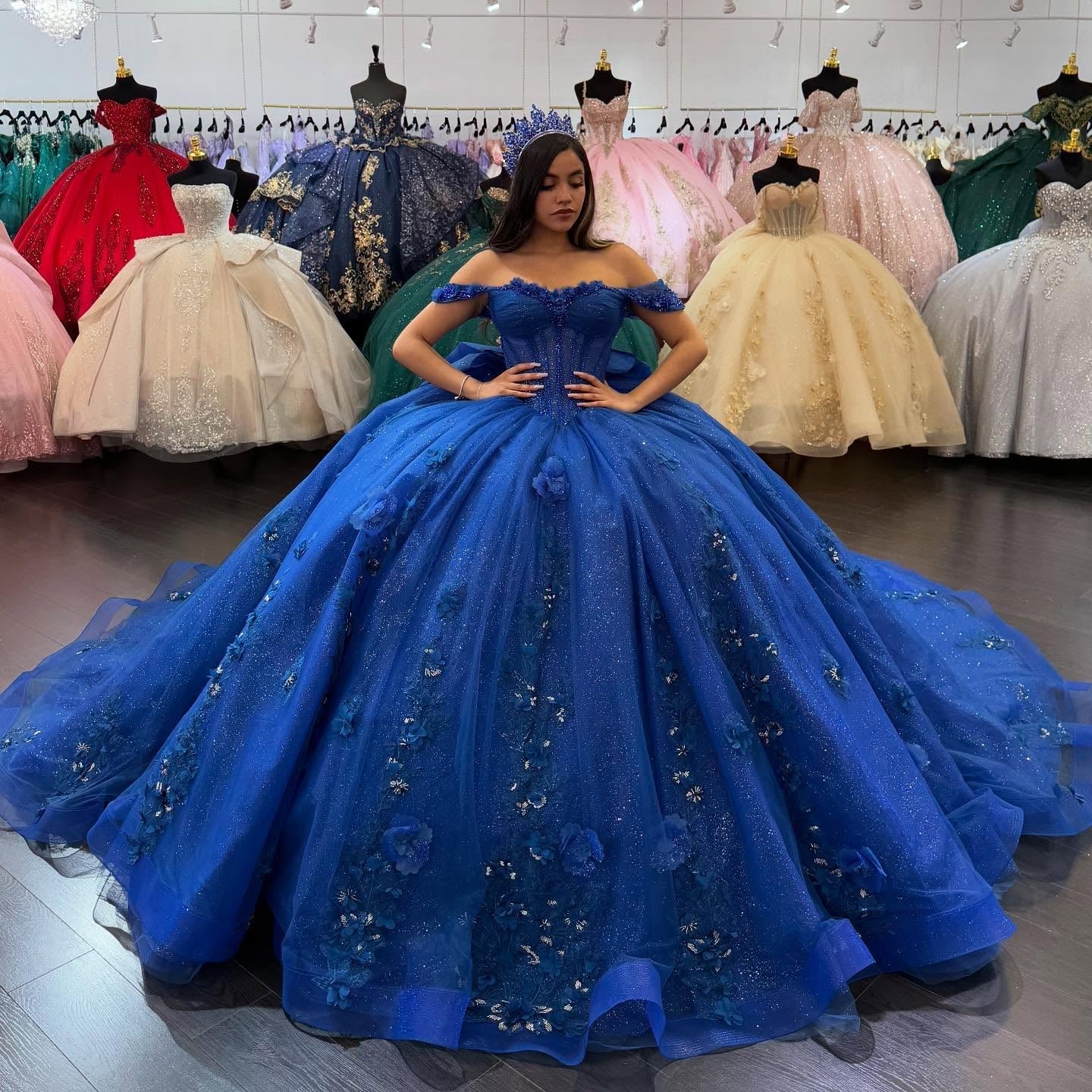 Ball Gown Off Shoulder Sleeveless Pleated 3D Flowers Appliques Bow Knot Sparkly Royal Blue Tulle Quinceanera Dress Evening Formal Gown Birthday Party Dress For Sweet 16
