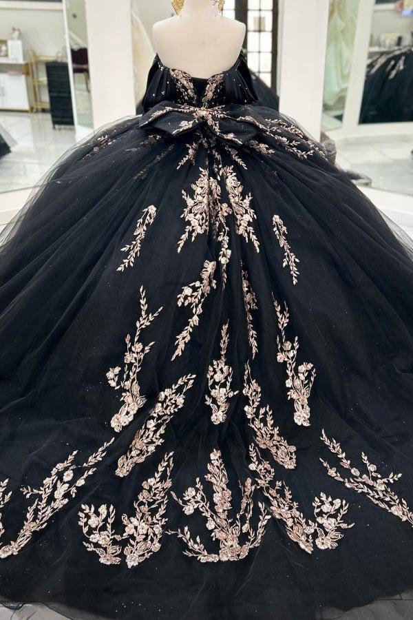Ball Gown Off Shoulder Sleeveless Pleated Beaded Gold Appliques Bow Knot Lace Up Balck Tulle Quinceanera Dress Birthday Party Dress For Sweet 16