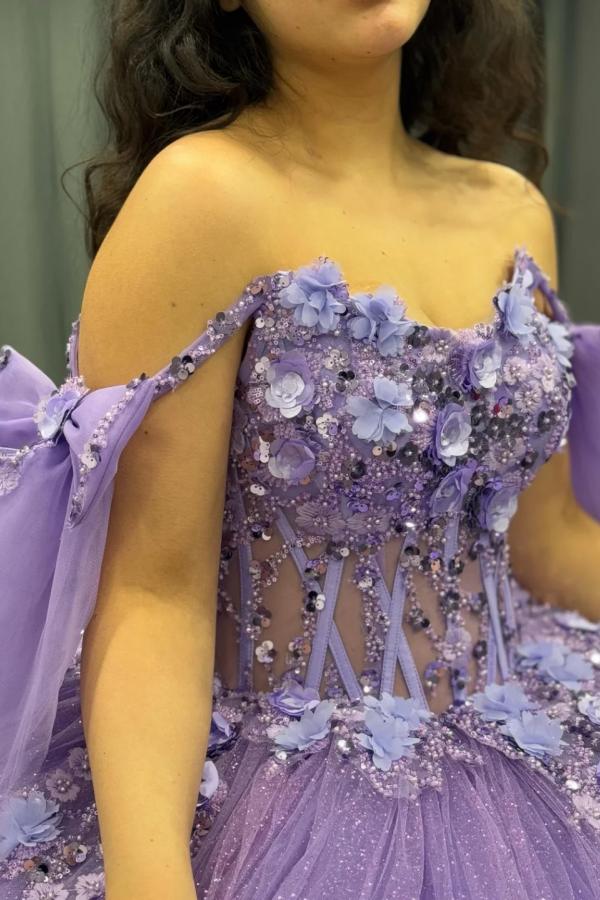 Ball Gown Off Shoulder Sleeveless Pleated Beaded Sequins 3D Flower Appliques Glitter Purple Tulle Quinceanera Dress Birthday Party Gown For Sweet 16
