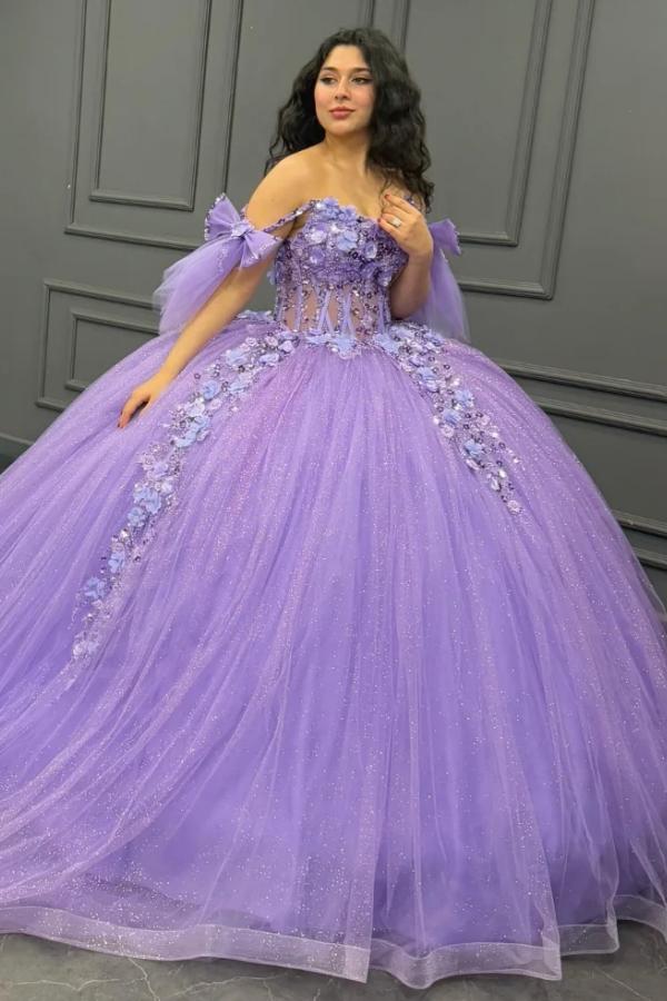 Ball Gown Off Shoulder Sleeveless Pleated Beaded Sequins 3D Flower Appliques Glitter Purple Tulle Quinceanera Dress Birthday Party Gown For Sweet 16
