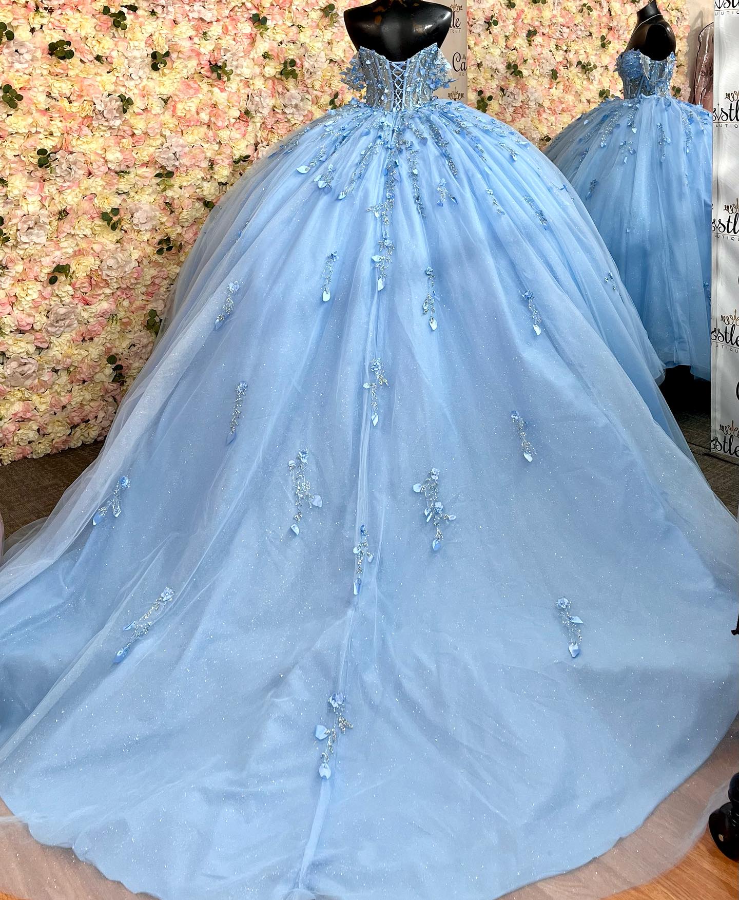 Ball Gown Off Shoulder Sleeveless Pleated Beaded Sequins 3D Flower Appliques Lace Up Glitter Sky Blue Tulle Quinceanera Dress Birthday Party Dress For Sweet 16