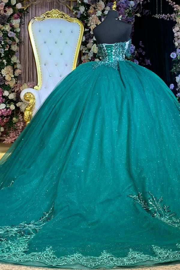 Ball Gown Off Shoulder Sleeveless Pleated Fully Beaded Appliques Dark Green Tulle Quinceanera Dress Birthday Party Dress Formal Evening Gown For Sweet 16