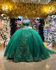 Ball Gown Off Shoulder Sleeveless Pleated Fully Beaded Appliques Dark Green Tulle Quinceanera Dress Birthday Party Dress Formal Evening Gown For Sweet 16