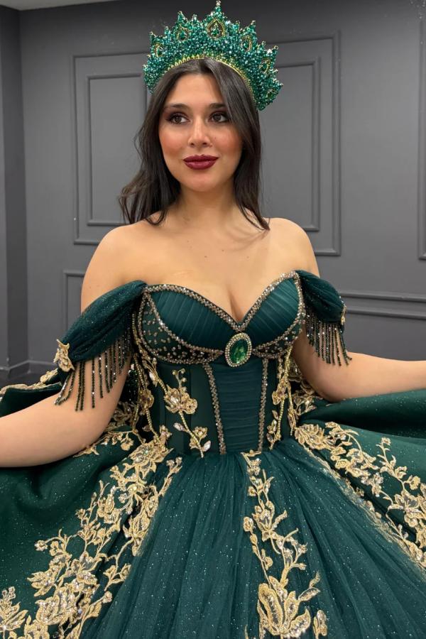 Ball Gown Off Shoulder Sleeveless Pleated Gold Sequins Beaded Crystal Glitter Dark Green Tulle Quinceanera Dress Closet Big Bow Knot Birthday Party Dress For Sweet 16