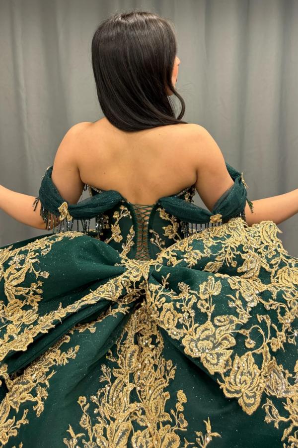 Ball Gown Off Shoulder Sleeveless Pleated Gold Sequins Beaded Crystal Glitter Dark Green Tulle Quinceanera Dress Closet Big Bow Knot Birthday Party Dress For Sweet 16