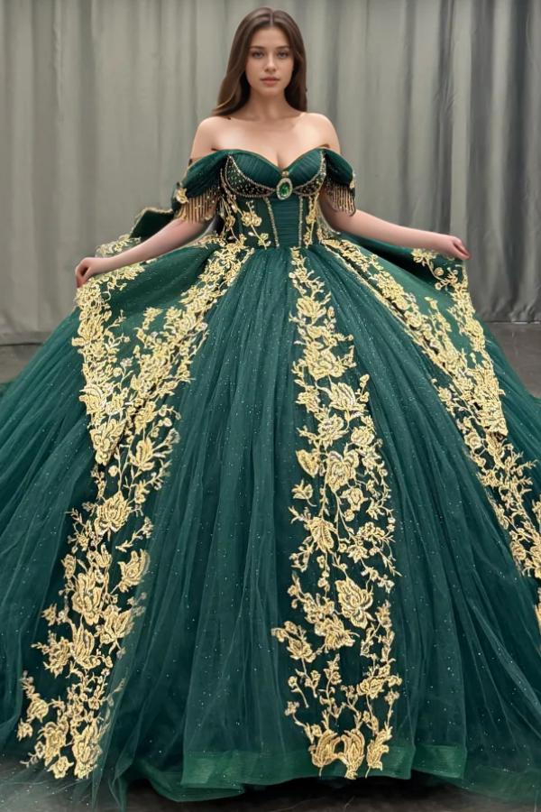 Ball Gown Off Shoulder Sleeveless Pleated Gold Sequins Beaded Crystal Glitter Dark Green Tulle Quinceanera Dress Closet Big Bow Knot Birthday Party Dress For Sweet 16