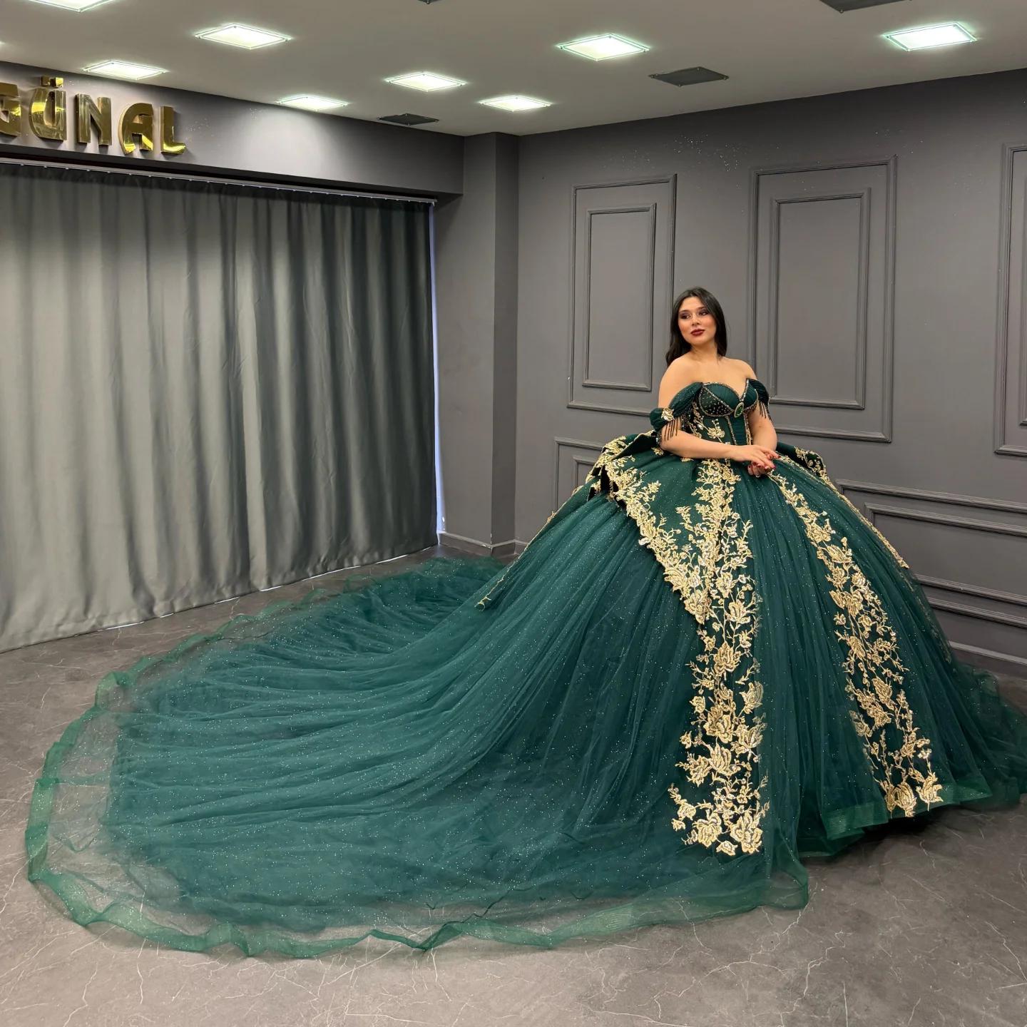 Ball Gown Off Shoulder Sleeveless Pleated Gold Sequins Beaded Crystal Glitter Dark Green Tulle Quinceanera Dress Closet Big Bow Knot Birthday Party Dress For Sweet 16