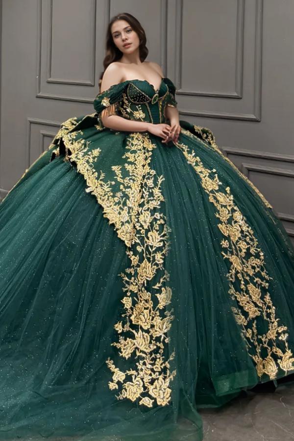 Ball Gown Off Shoulder Sleeveless Pleated Gold Sequins Beaded Crystal Glitter Dark Green Tulle Quinceanera Dress Closet Big Bow Knot Birthday Party Dress For Sweet 16
