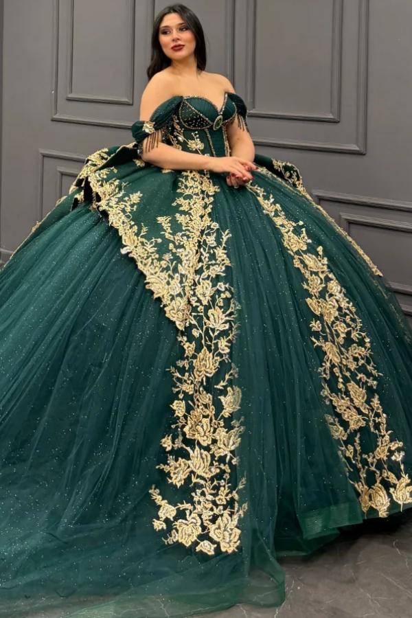 Ball Gown Off Shoulder Sleeveless Pleated Gold Sequins Beaded Crystal Glitter Dark Green Tulle Quinceanera Dress Closet Big Bow Knot Birthday Party Dress For Sweet 16