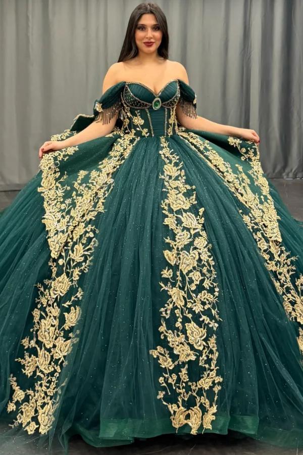 Ball Gown Off Shoulder Sleeveless Pleated Gold Sequins Beaded Crystal Glitter Dark Green Tulle Quinceanera Dress Closet Big Bow Knot Birthday Party Dress For Sweet 16