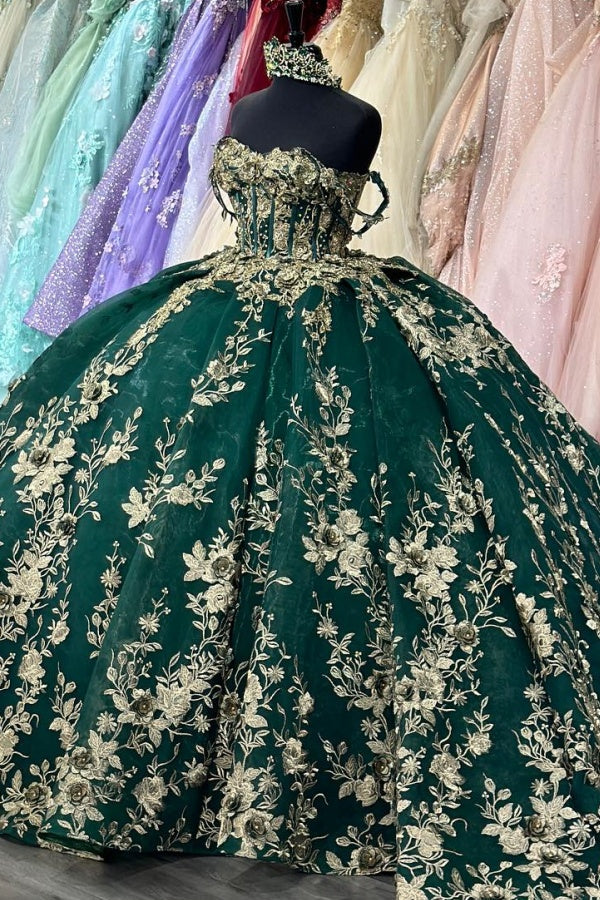 Ball Gown Off Shoulder Sleeveless Pleated Golf Sequins Appliques Dark Green Tulle Quinceanera Dress Birthday Party Dress Formal Evening Gown