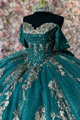 Ball Gown Off Shoulder Sleeveless Pleated Sequins Gold Appliques Bow Knot Sparkly Dark Green Tulle Quinceanera Dress Birthday Party Dress For Sweet 16
