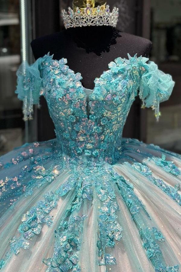 Ball Gown Off Shoulder Sleeveless Sequins Fully Appliques Sky Blue Tulle Quinceanera Dress Formal Evening Gown Birthday Party Dress For Sweet 16