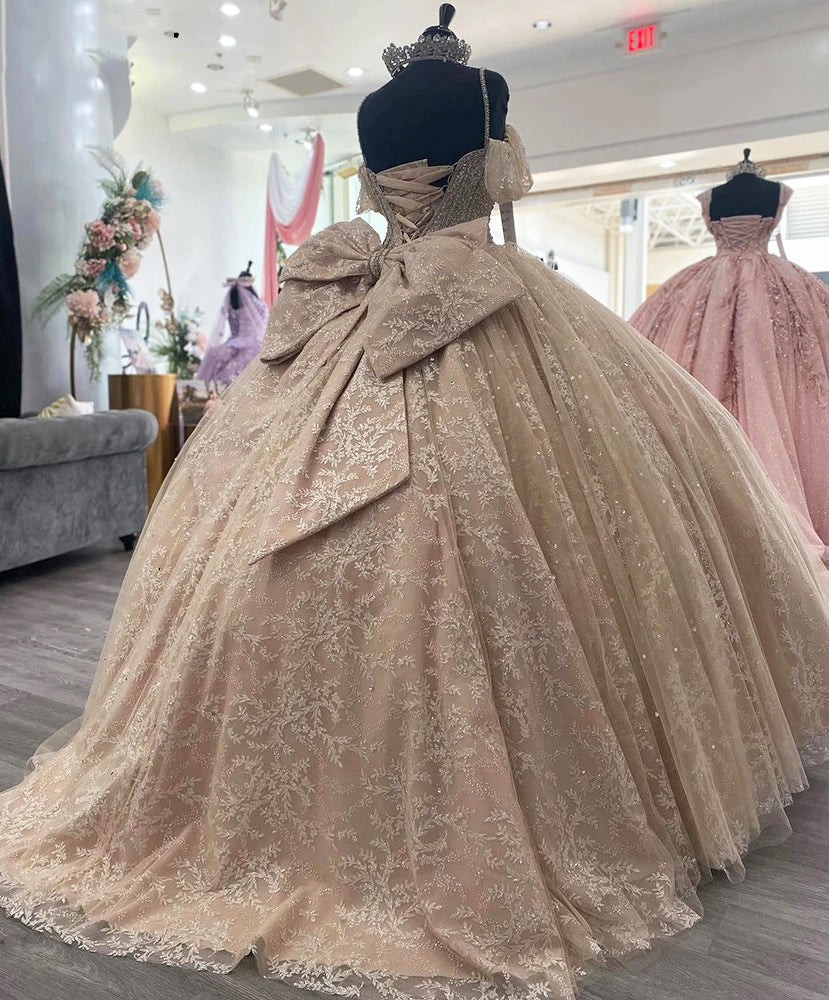 Ball Gown Off Shoulder Spaghetti Straps Sleeveless Lace Appliques Champagne Tulle Quinceanera Dress For Sweet 16 Dress