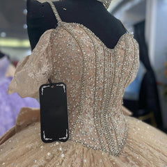 Ball Gown Off Shoulder Spaghetti Straps Sleeveless Lace Appliques Champagne Tulle Quinceanera Dress For Sweet 16 Dress