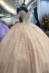 Ball Gown Off Shoulder Spaghetti Straps Sleeveless Lace Appliques Champagne Tulle Quinceanera Dress For Sweet 16 Dress
