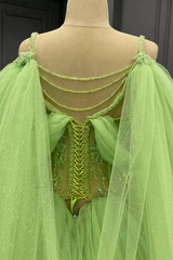 Ball Gown Off Shoulder Spaghetti Straps Sleeveless Pleated Beaded Appliques Backless Green Tulle Formal Evening Party Gown Quinceanera Dress For Sweet 16