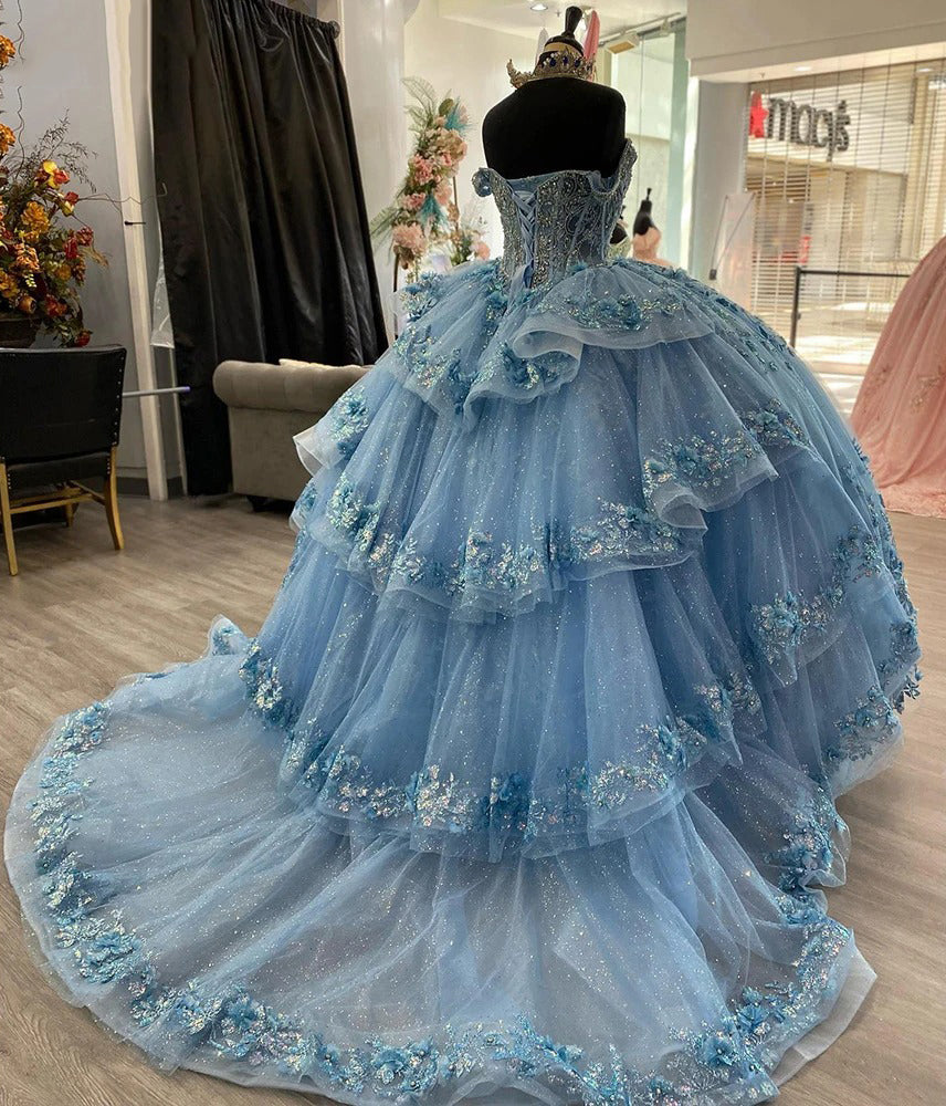 Ball Gown Off Shoulder Tiered 3D Flowers Appliques Light Blue Tullequinceanera Dresses Princess Formal Evening Party Gown For Sweet 16