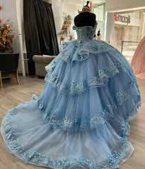 Ball Gown Off Shoulder Tiered 3D Flowers Appliques Light Blue Tullequinceanera Dresses Princess Formal Evening Party Gown For Sweet 16
