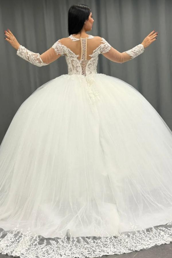 Ball Gown Scoop Neck Long Transparent Sleeves Fully Lace Appliques Pleated White Tulle Formal Evening Party Dress Quinceanera Dress Birthday Gown For Sweet 16