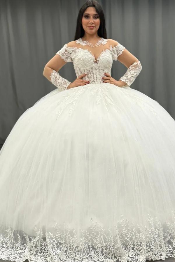 Ball Gown Scoop Neck Long Transparent Sleeves Fully Lace Appliques Pleated White Tulle Formal Evening Party Dress Quinceanera Dress Birthday Gown For Sweet 16