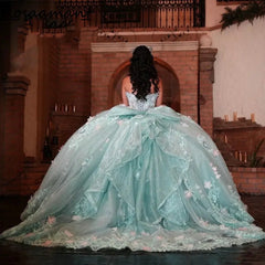 Ball Gown Strapless Sleeveless 3D Flower Lace Appliques Sky Blue Tulle Quinceanera Dress For Sweet 16
