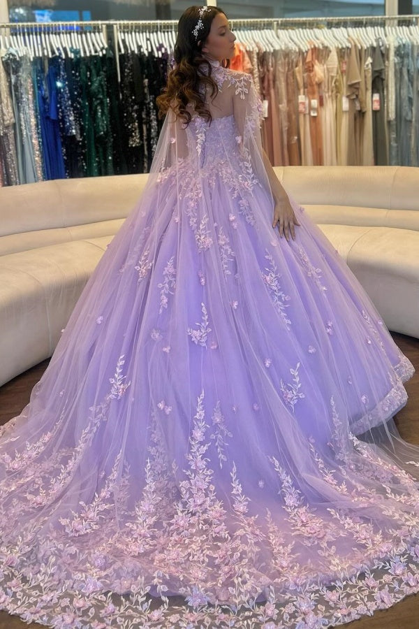 Ball Gown Strapless Sleeveless Flower Appliques Shawl Lilac Tulle Quinceanera Dress Birthday Party Dress Evening Gown For Sweet 16