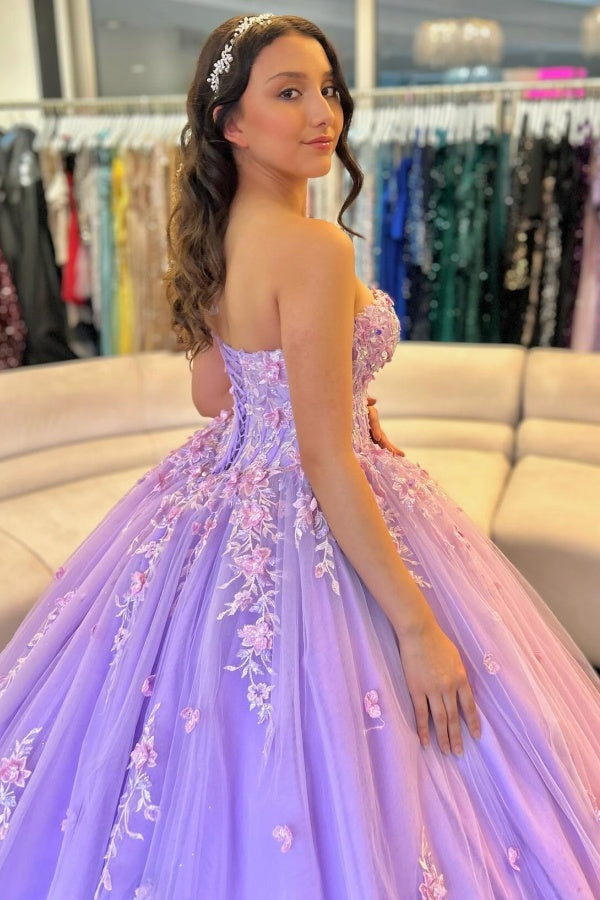 Ball Gown Strapless Sleeveless Flower Appliques Shawl Lilac Tulle Quinceanera Dress Birthday Party Dress Evening Gown For Sweet 16