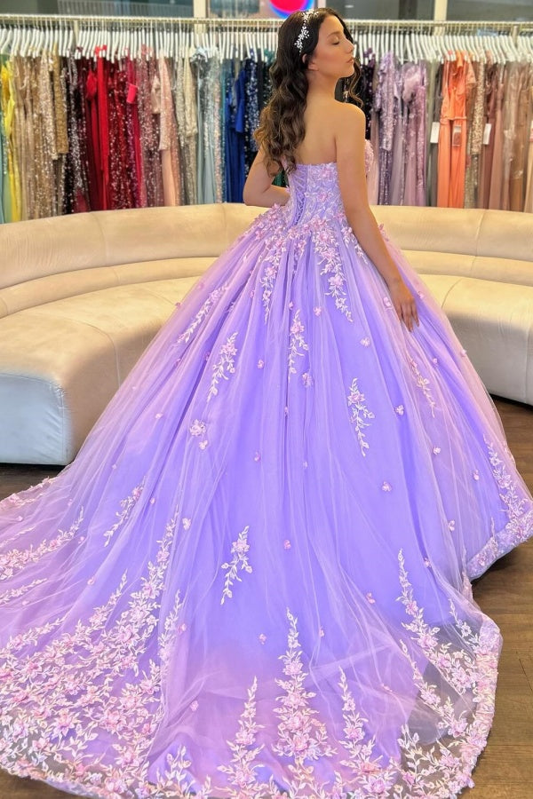 Ball Gown Strapless Sleeveless Flower Appliques Shawl Lilac Tulle Quinceanera Dress Birthday Party Dress Evening Gown For Sweet 16