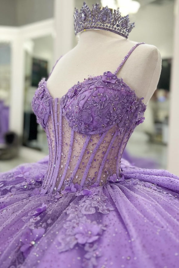 Ball Gown Strapless Spaghetti Straps Sleeveless Beaded 3D Flowers Appliques Pleated Bow Knots Purple Tulle Quinceanera Dress Evening Formal Gown Birthday Party Dress For Sweet 16