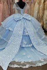 Ball Gown Sweatheart Neck Short Sleeves 3D Butterfly Appliques Tiered Bow Knot Light Blue Tulle Quinceanera Dress For Sweet 16