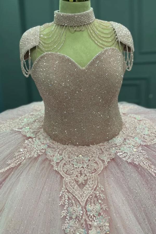 Ball Gown Sweetheart Neck Cap Sleeves Beaded Appliques Baby Pink Tulle Quinceanera Dress Formal Evening Gown For Sweet 16