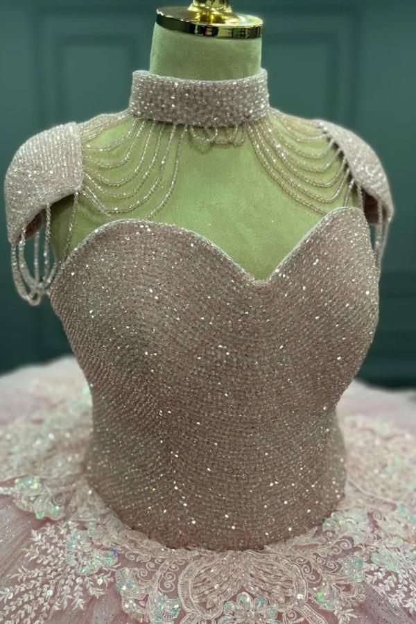 Ball Gown Sweetheart Neck Cap Sleeves Beaded Appliques Baby Pink Tulle Quinceanera Dress Formal Evening Gown For Sweet 16
