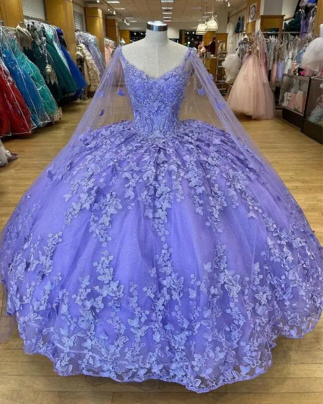 Ball Gown Sweetheart Neck Long Sleeves 3D Butterfly Lace Appliques Beaded Lavender Tulle Quinceanera Dress For Sweet 16