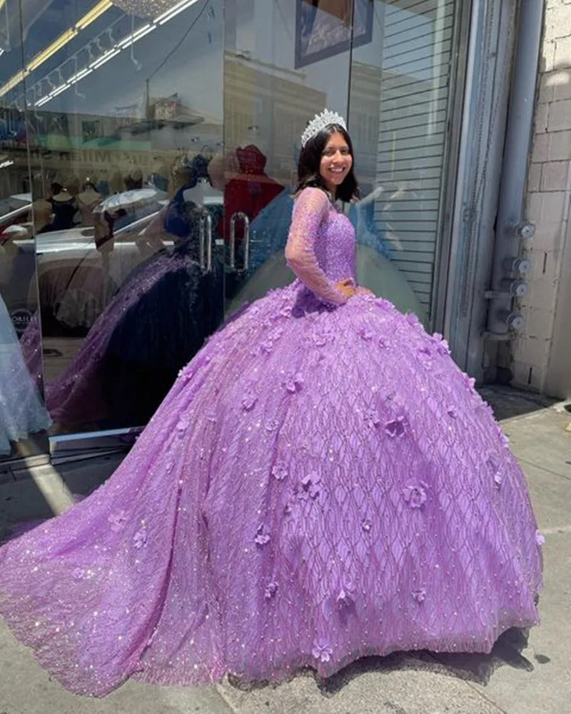 Ball Gown Sweetheart Neck Long Sleeves 3D Floral Appliques Lilac Tulle Princess Gown Quinceanera Dress For Sweet 16