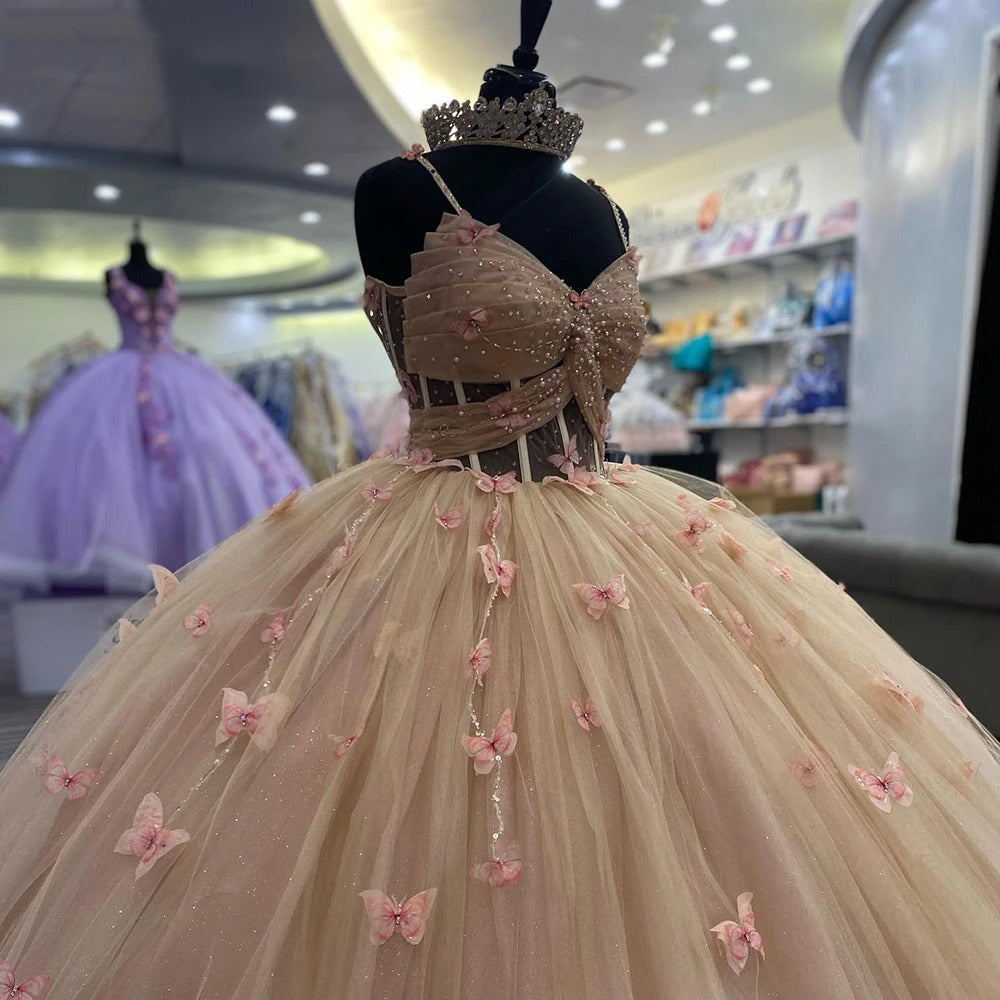 Ball Gown Sweetheart Neck Spaghetti Straps Sleeveless 3D Butterfly Appliques Beaded Dusty Pink Tulle Quinceanera Dress Birthday Party Gowns For Sweet 16