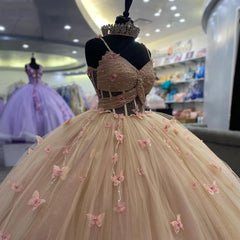 Ball Gown Sweetheart Neck Spaghetti Straps Sleeveless 3D Butterfly Appliques Beaded Dusty Pink Tulle Quinceanera Dress Birthday Party Gowns For Sweet 16