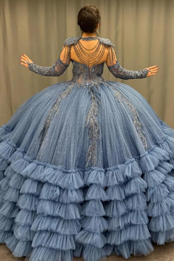 Ball Gown V Neck Sleeveless Detachable Sleeves & Shawl Beaded Sequins Appliques Ruffles Tiered Sparkly Blue Tulle Quinceanera Dress Birthday Party Dress For Sweet 16