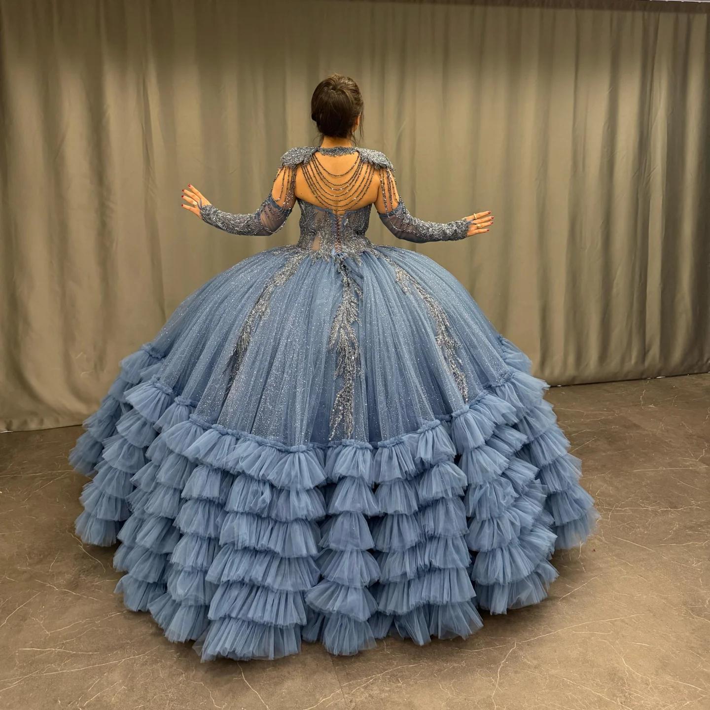 Ball Gown V Neck Sleeveless Detachable Sleeves & Shawl Beaded Sequins Appliques Ruffles Tiered Sparkly Blue Tulle Quinceanera Dress Birthday Party Dress For Sweet 16