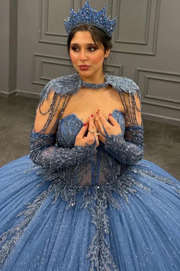 Ball Gown V Neck Sleeveless Detachable Sleeves & Shawl Beaded Sequins Appliques Ruffles Tiered Sparkly Blue Tulle Quinceanera Dress Birthday Party Dress For Sweet 16