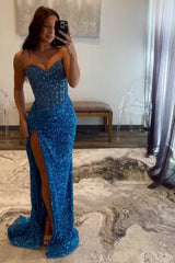 Beaded Blue Prom Dress Sweetheart Long Formal Dress With Slit
