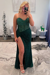 Beaded Blue Prom Dress Sweetheart Long Formal Dress With Slit