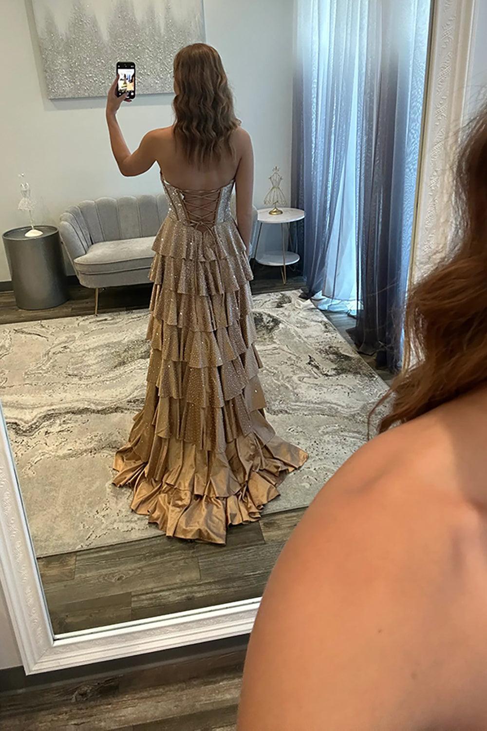 Beaded Champagne Prom Dress Satin Corset Ruffled Long Formal Dress With Slit