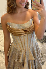 Beaded Champagne Prom Dress Satin Corset Ruffled Long Formal Dress With Slit