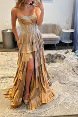 Beaded Champagne Prom Dress Satin Corset Ruffled Long Formal Dress With Slit