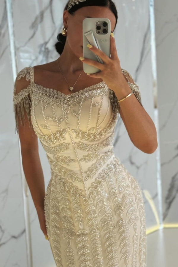Beaded Formal Dress Sheath/Column Cap Sleeve Evening Gown