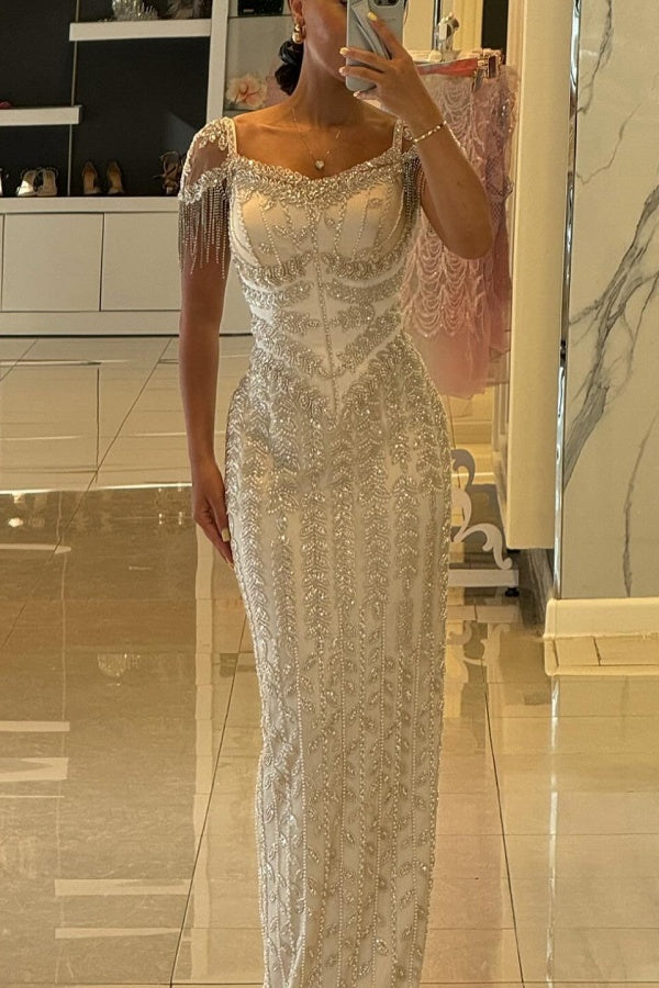 Beaded Formal Dress Sheath/Column Cap Sleeve Evening Gown