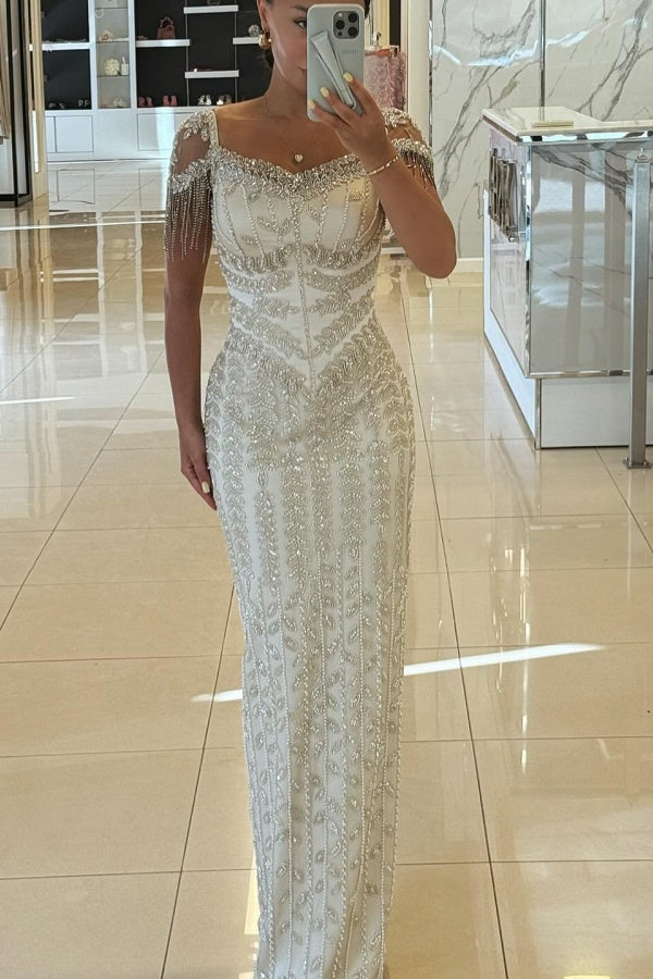 Beaded Formal Dress Sheath/Column Cap Sleeve Evening Gown